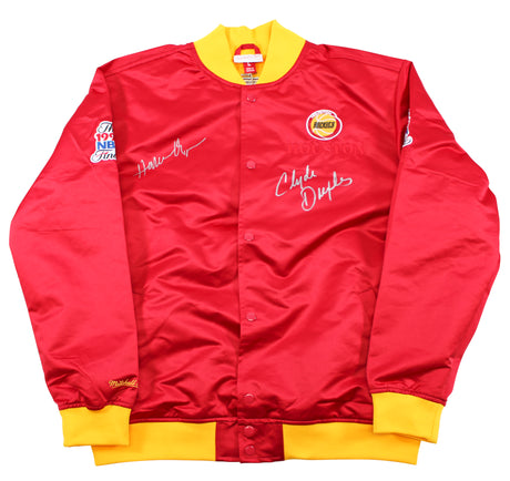 Rockets Hakeem Olajuwon & Clyde Drexler Signed Red M&N Bomber Jacket BAS Witness