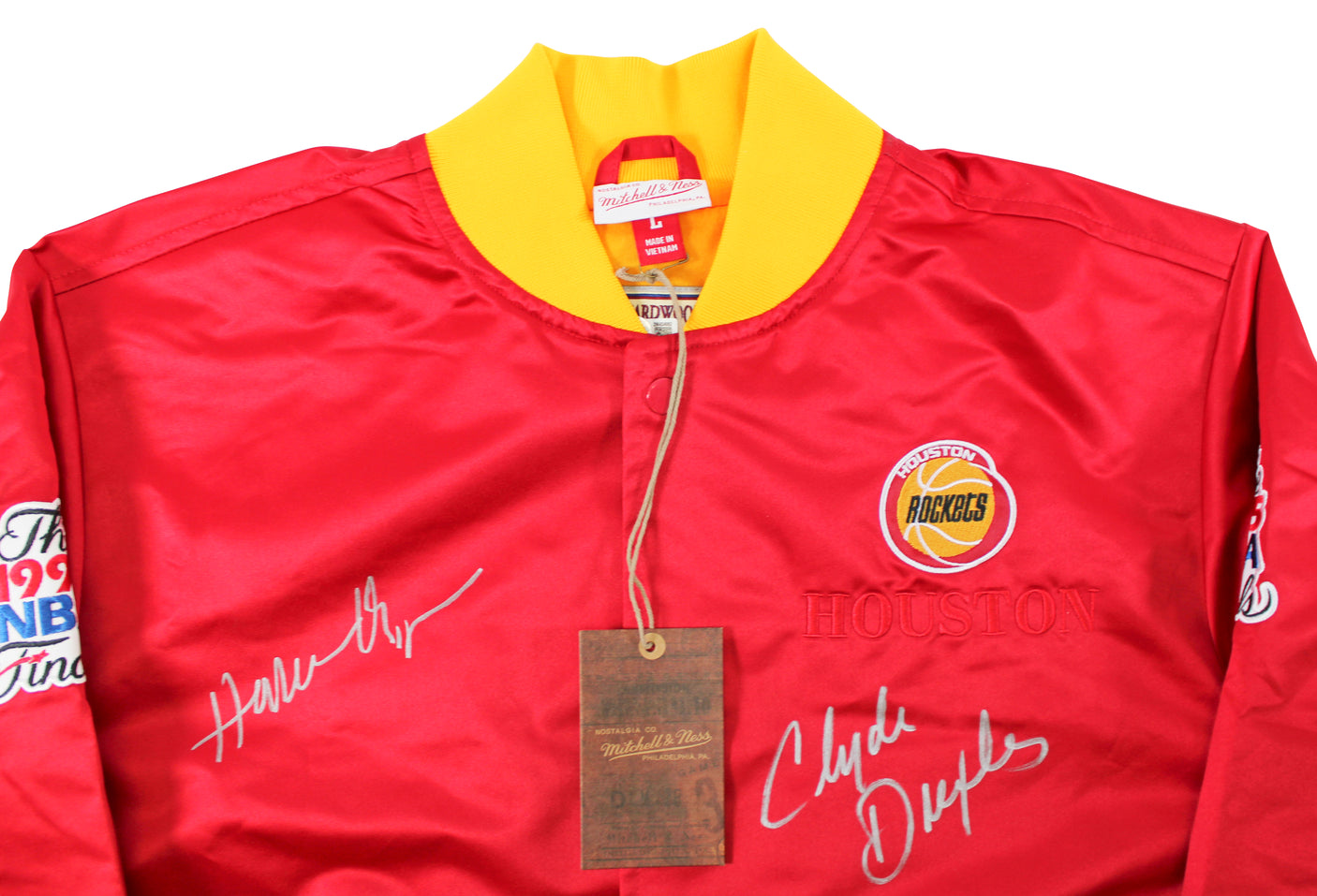 Rockets Hakeem Olajuwon & Clyde Drexler Signed Red M&N Bomber Jacket BAS Witness