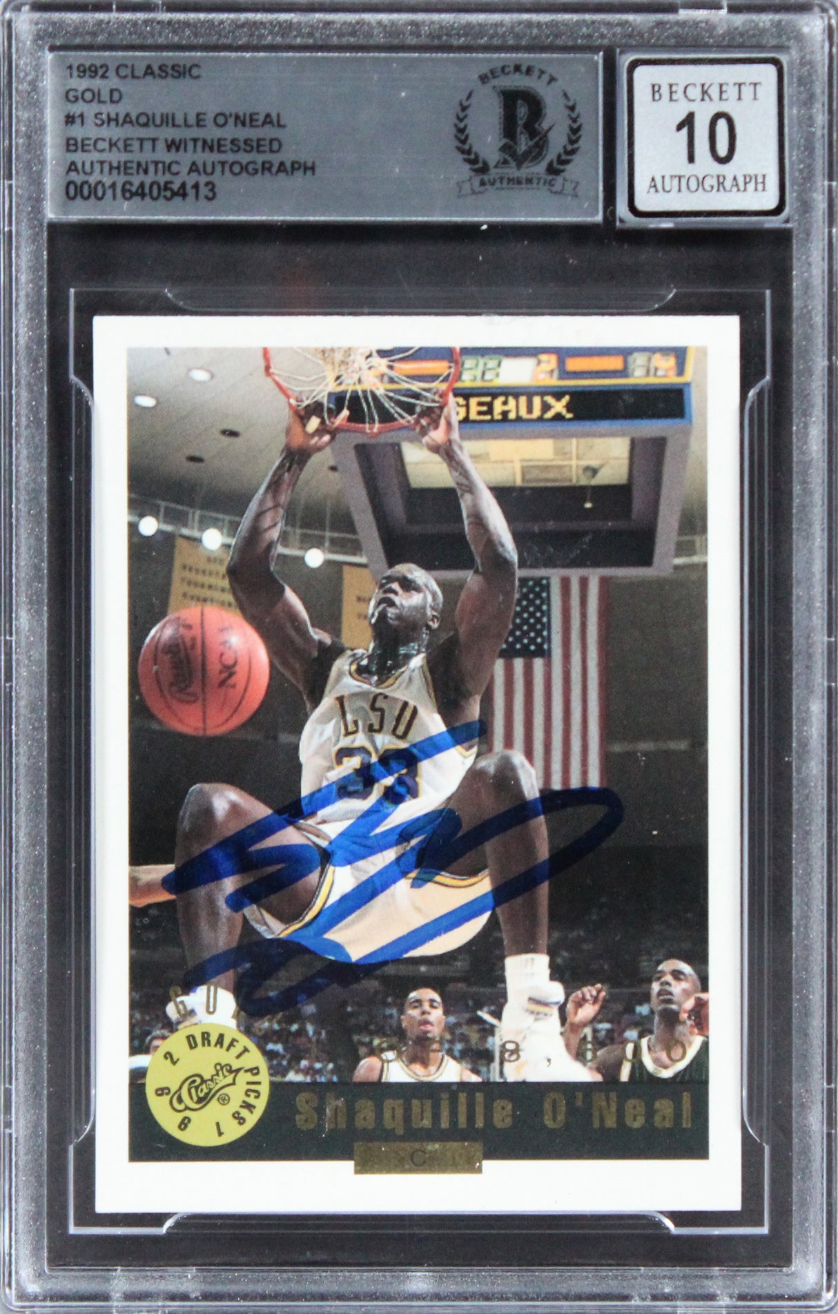 Lakers Shaquille O'Neal Signed 1992 Classic Gold #1 Rookie Card Auto 10 BAS Slab