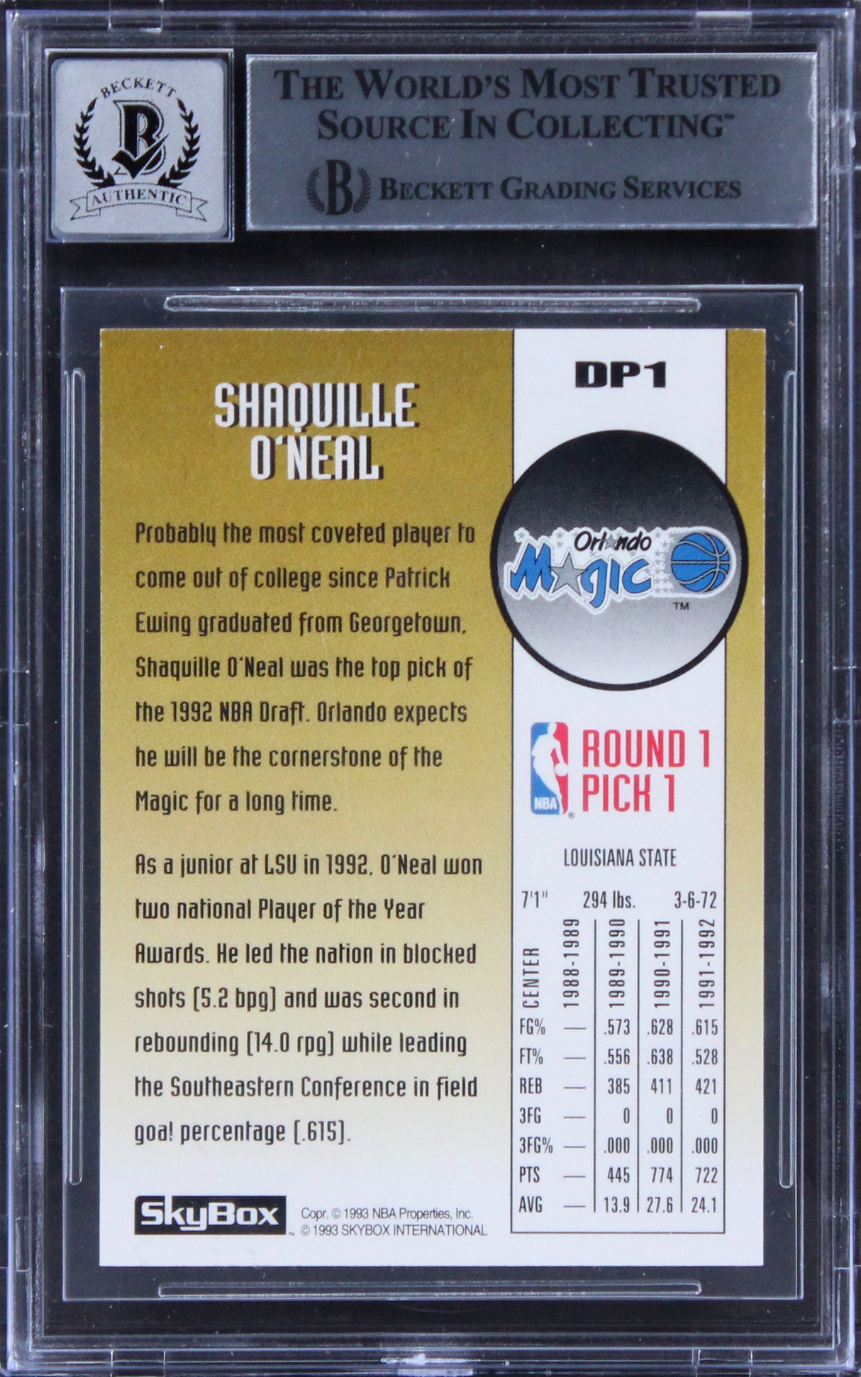 Lakers Shaquille O'Neal Signed 1992 Skybox DP #DP1 Rookie Card Auto 10! BAS Slab