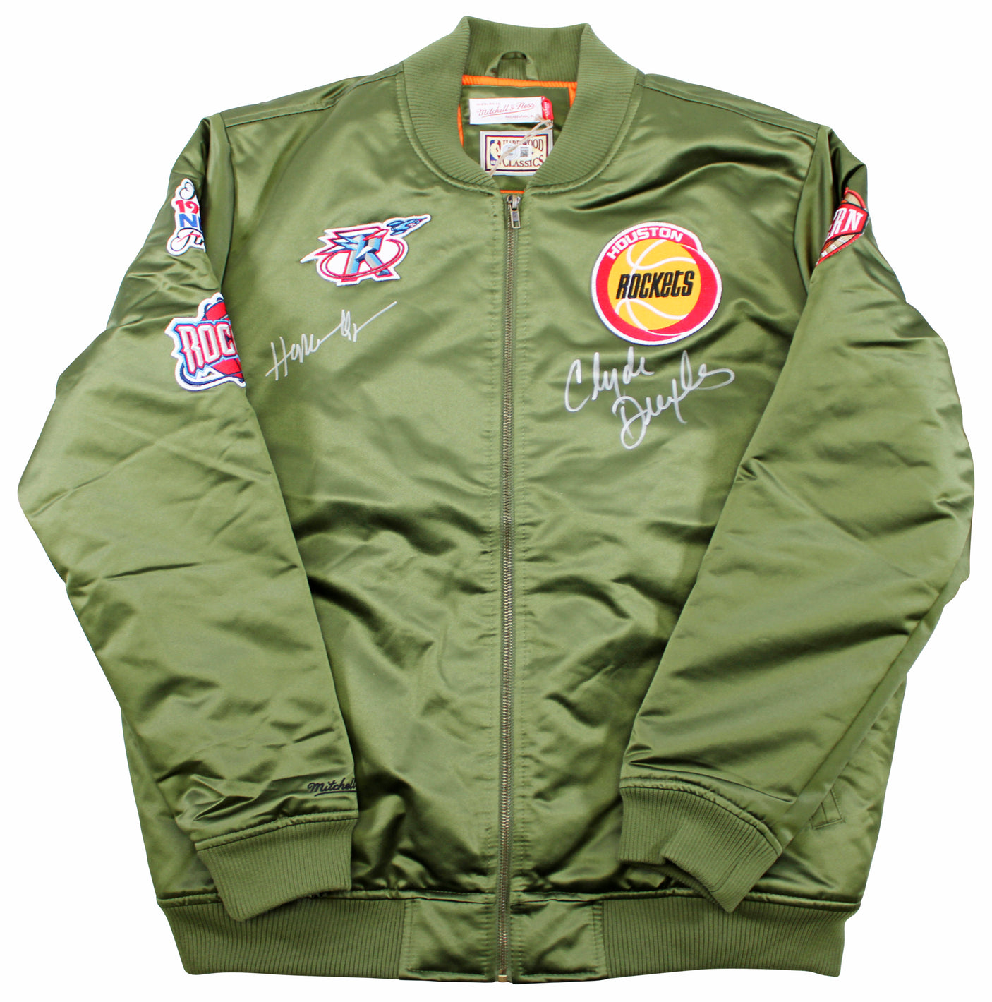 Rockets Hakeem Olajuwon & Clyde Drexler Signed Green M&N Bomber Jacket BAS Wit