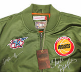 Rockets Hakeem Olajuwon & Clyde Drexler Signed Green M&N Bomber Jacket BAS Wit