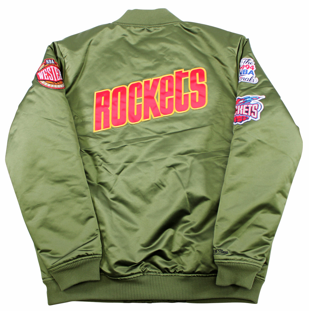 Rockets Hakeem Olajuwon & Clyde Drexler Signed Green M&N Bomber Jacket BAS Wit