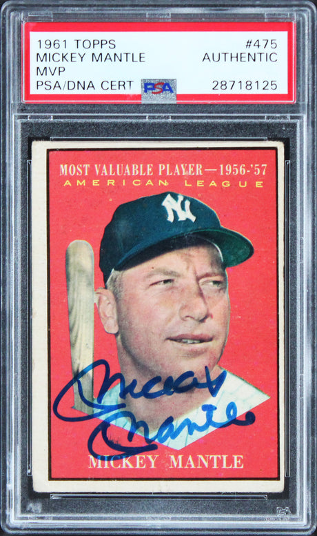 Yankees Mickey Mantle Authentic Signed 1961 Topps MVP #475 Card PSA/DNA Slabbed