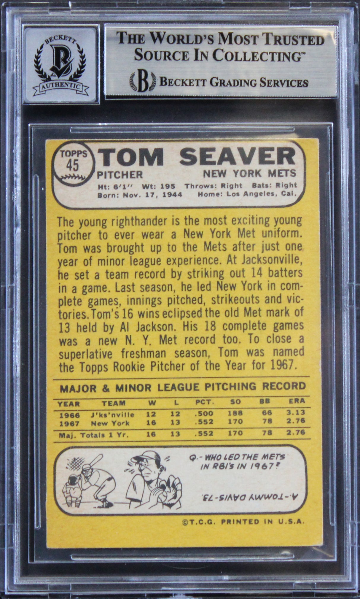 Mets Tom Seaver Authentic Signed 1968 Topps #45 Card EX 5 Auto 8 BAS Slabbed