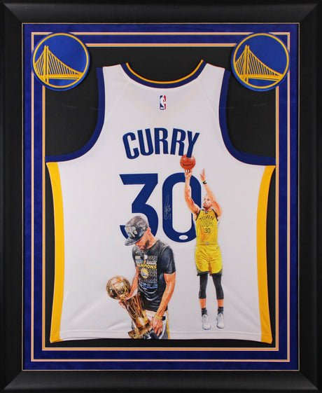 Warriors Stephen Curry Signed Hand Painted White Nike Framed Jersey JSA #AQ17116