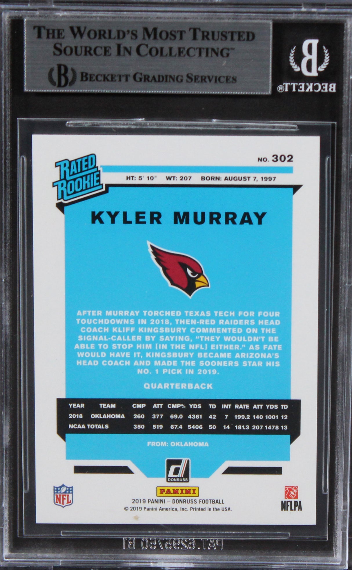 Cardinals Kyler Murray Authentic Signed 2019 Donruss #302 Card BAS Slabbed