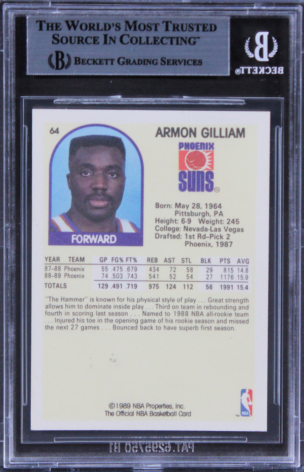 Suns Armon Gilliam Authentic Signed 1989 Hoops #64 Card Autographed BAS Slabbed