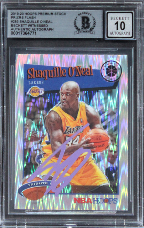 Lakers Shaquille O'Neal Signed 2019 Hoops PS Prizms Flash #283 Auto 10 BAS Slab