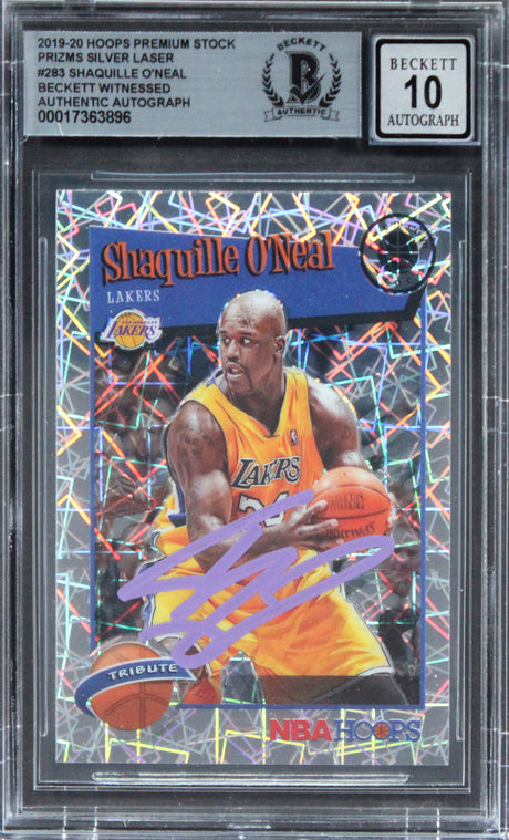 Lakers Shaquille O'Neal Signed 2019 Hoops PS Prizm SL #283 Card Auto 10 BAS Slab