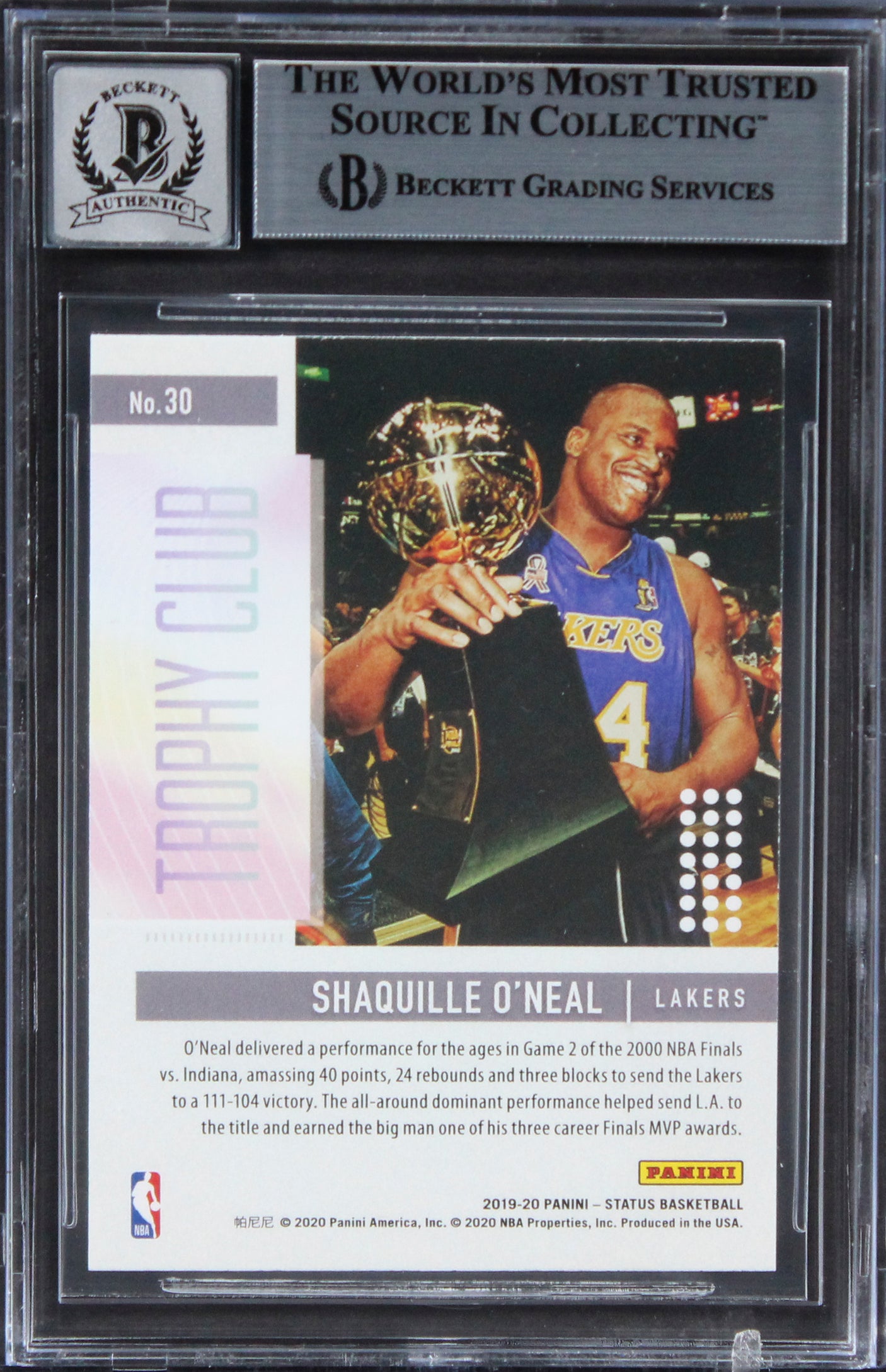 Lakers Shaquille O'Neal Signed 2019 Panini Status TC #30 Card Auto 10 BAS Slab