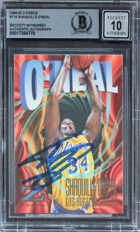 Lakers Shaquille O'Neal Authentic Signed 1996 Z-Force #114 Card Auto 10 BAS Slab