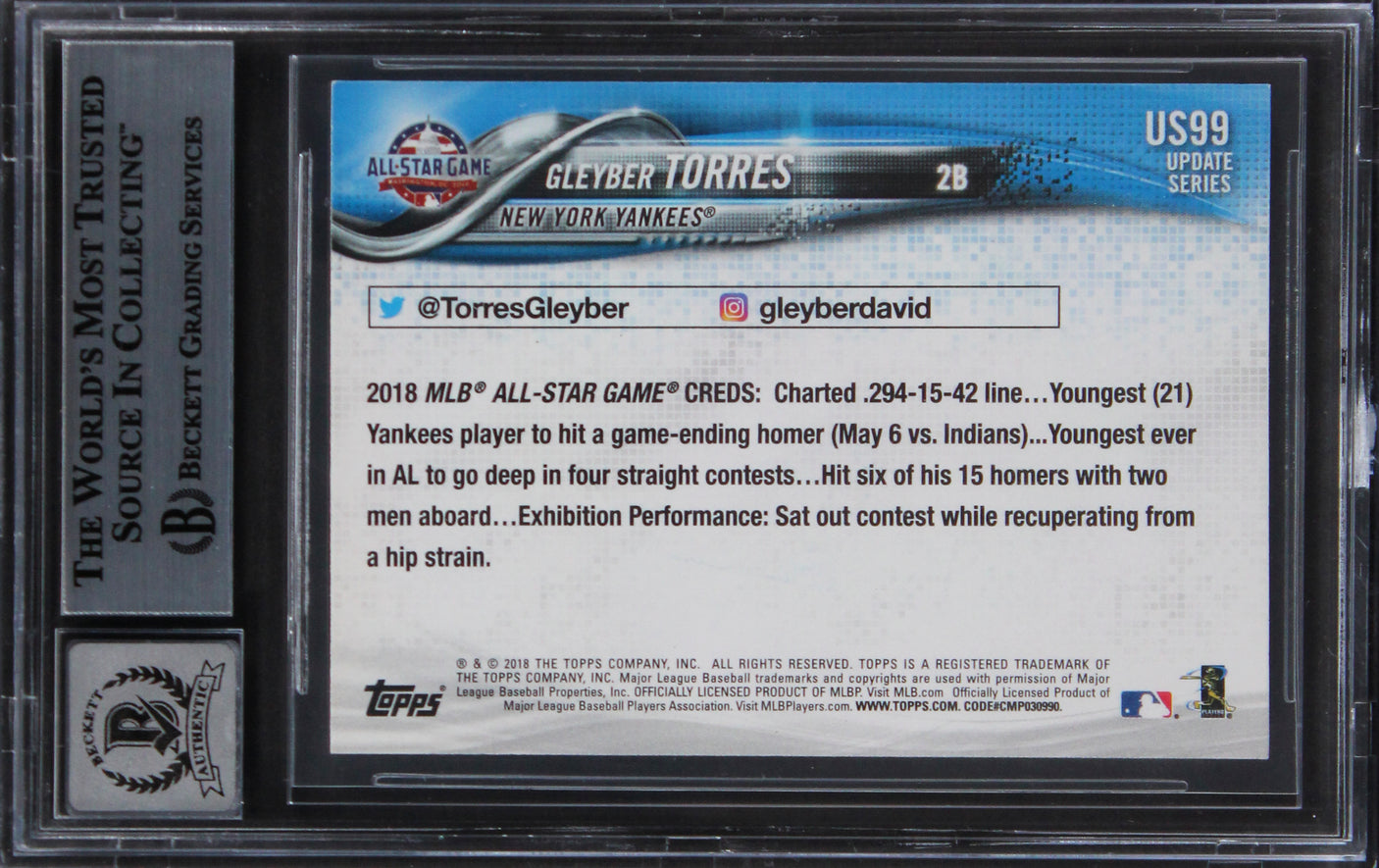 Yankees Gleyber Torres Authentic Signed 2018 Topps Update #US99 Card BAS Slabbed