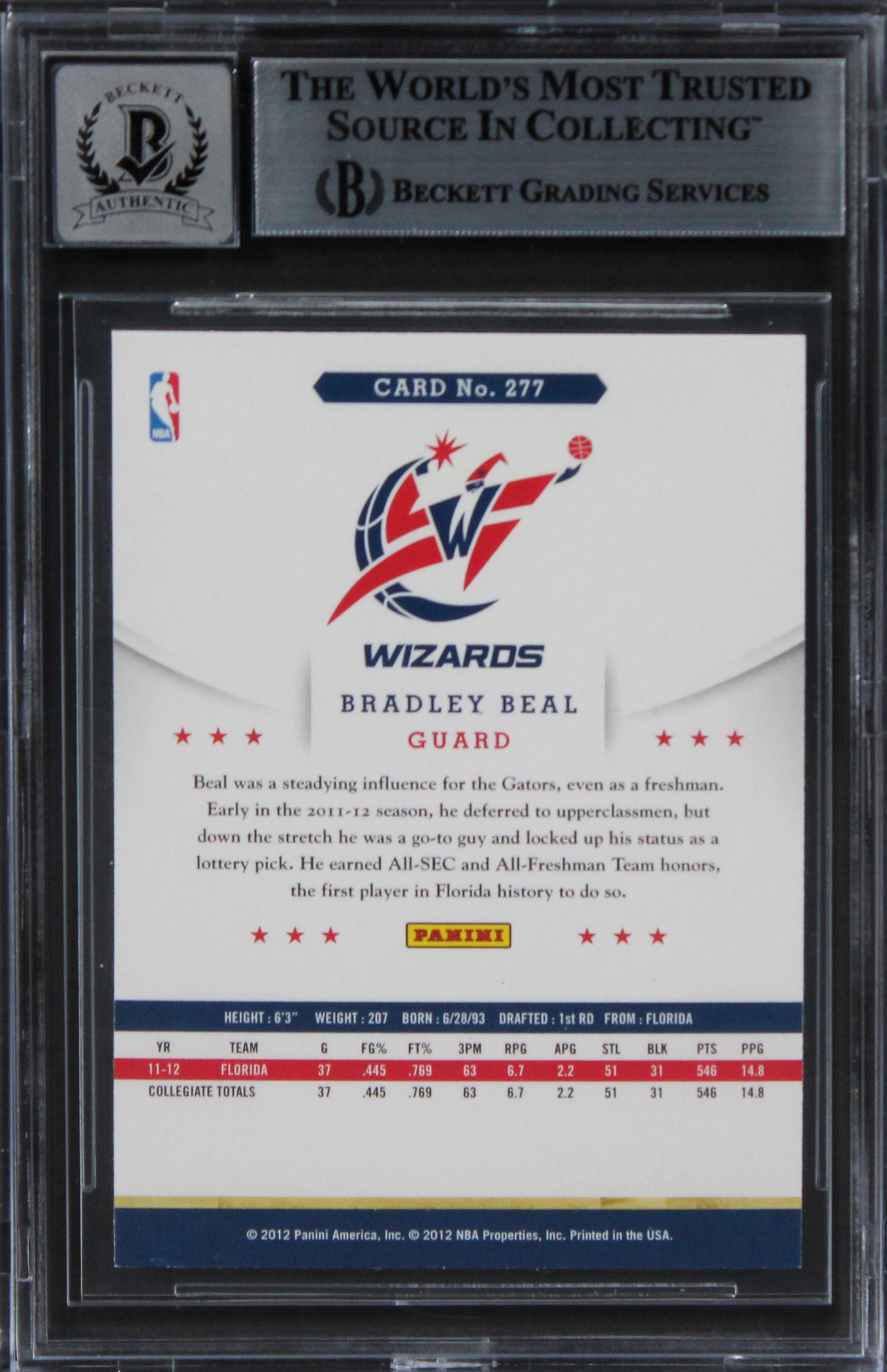 Wizards Bradley Beal Signed 2012 Hoops #277 Rookie Card Auto 10 BAS Slabbed