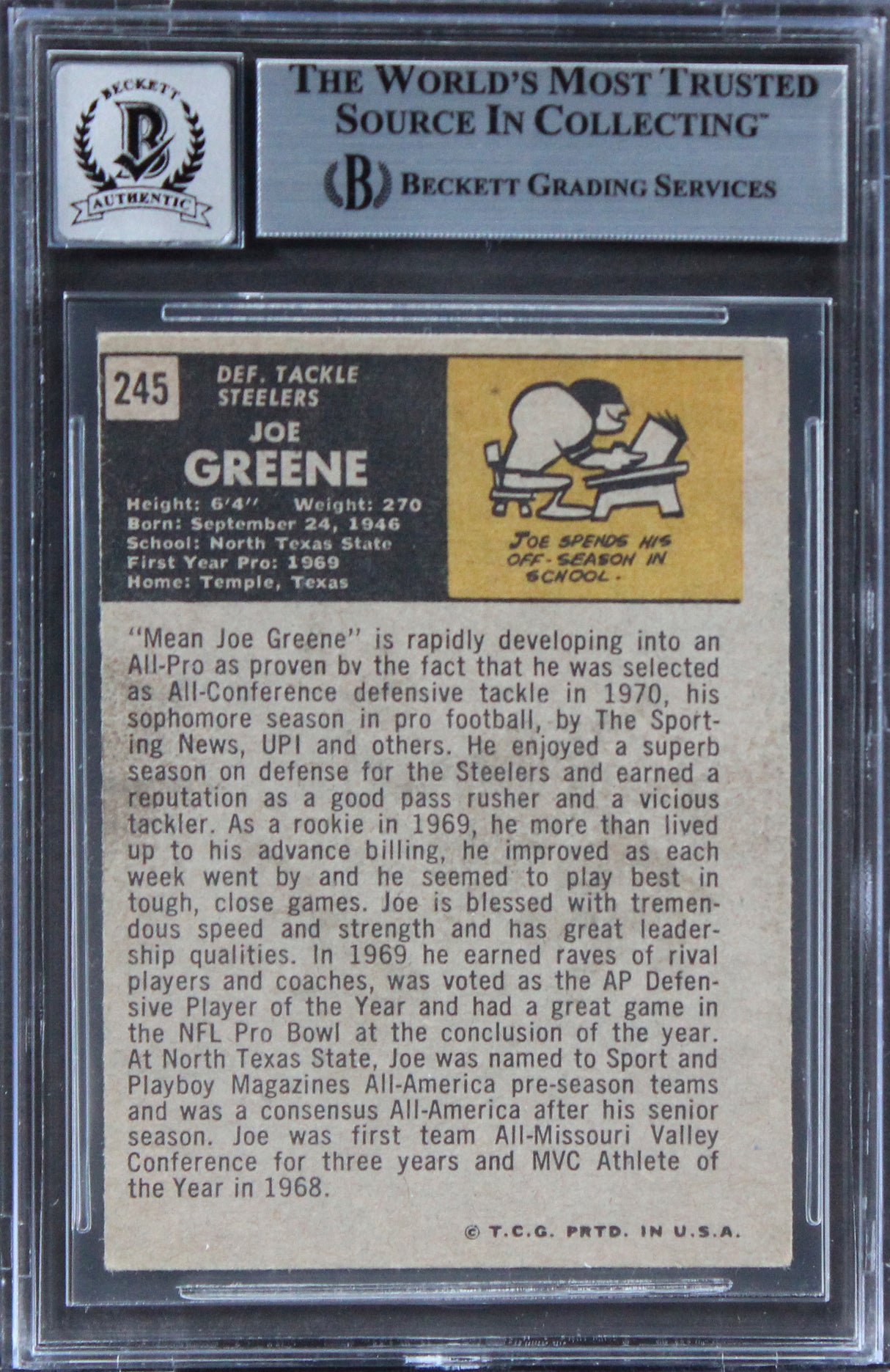 Steelers Joe Greene Authentic Signed 1971 Topps #245 Card Auto 10 BAS Slab 8