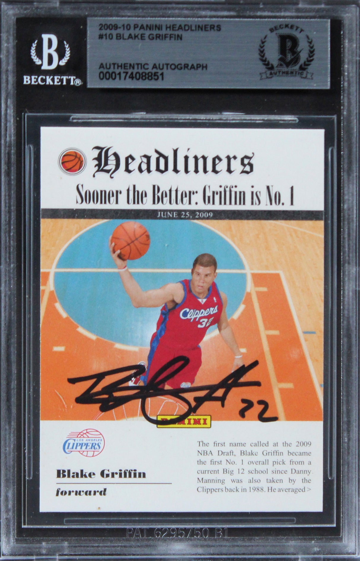 Clippers Blake Griffin Authentic Signed 2009 Panini Headliners #10 Card BAS Slab