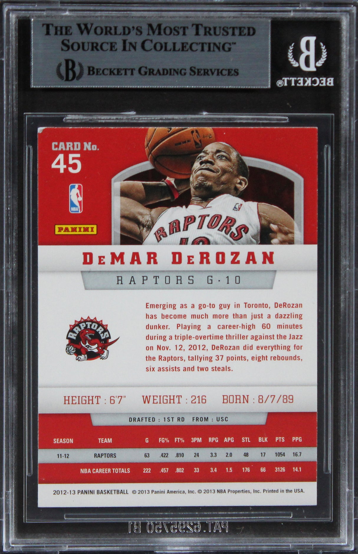 Raptors Demar Derozan Authentic Signed 2012 Panini #45 Card BAS Slabbed