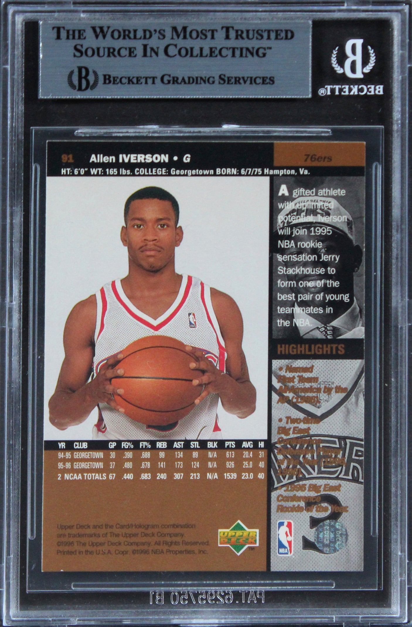 76ers Allen Iverson Authentic Signed 1996 Upper Deck #91 Card BAS Slabbed