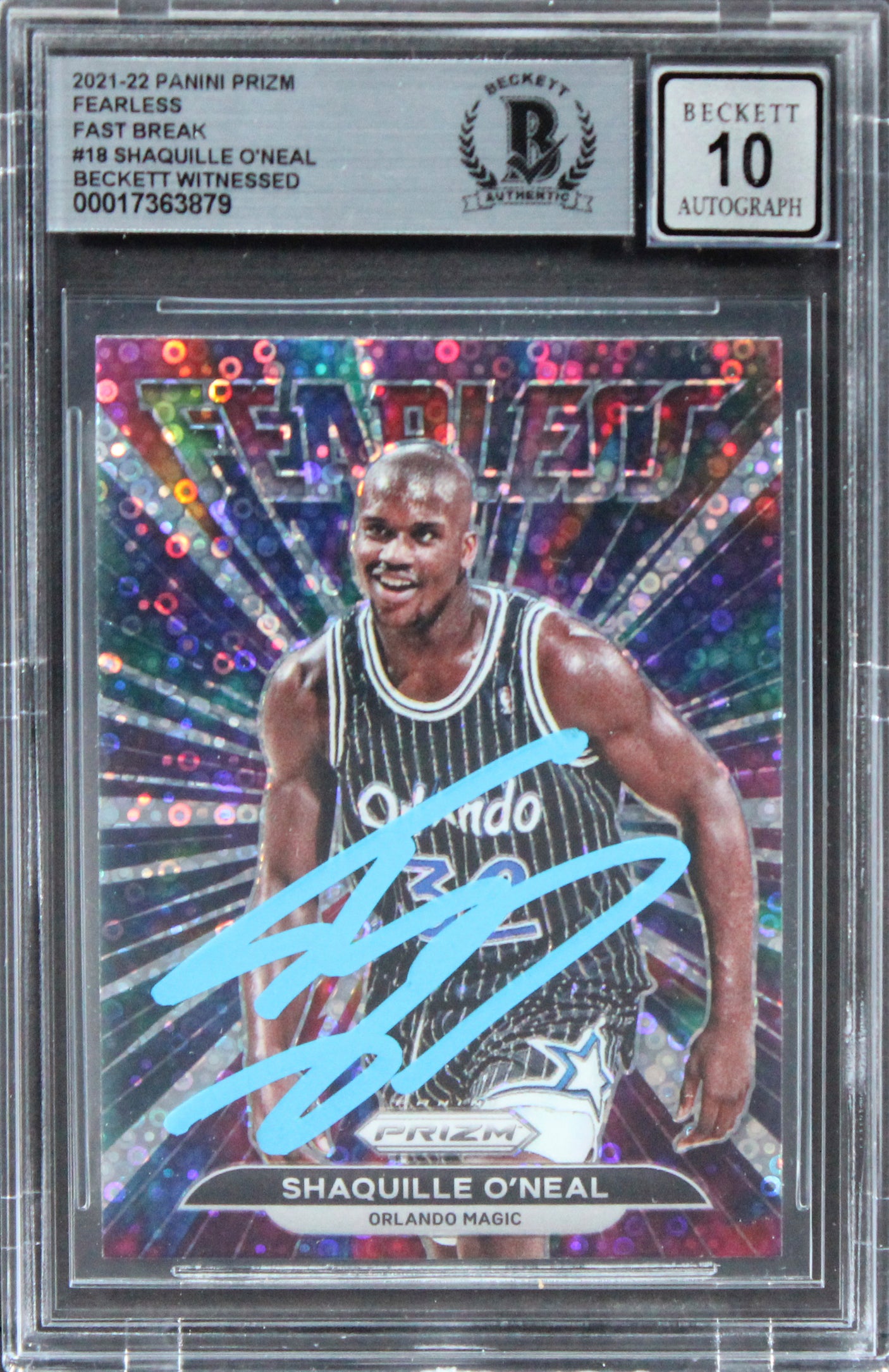 Shaquille O'Neal Signed 2021 Panini Prizm Fearless FB #18 Card Auto 10! BAS Slab