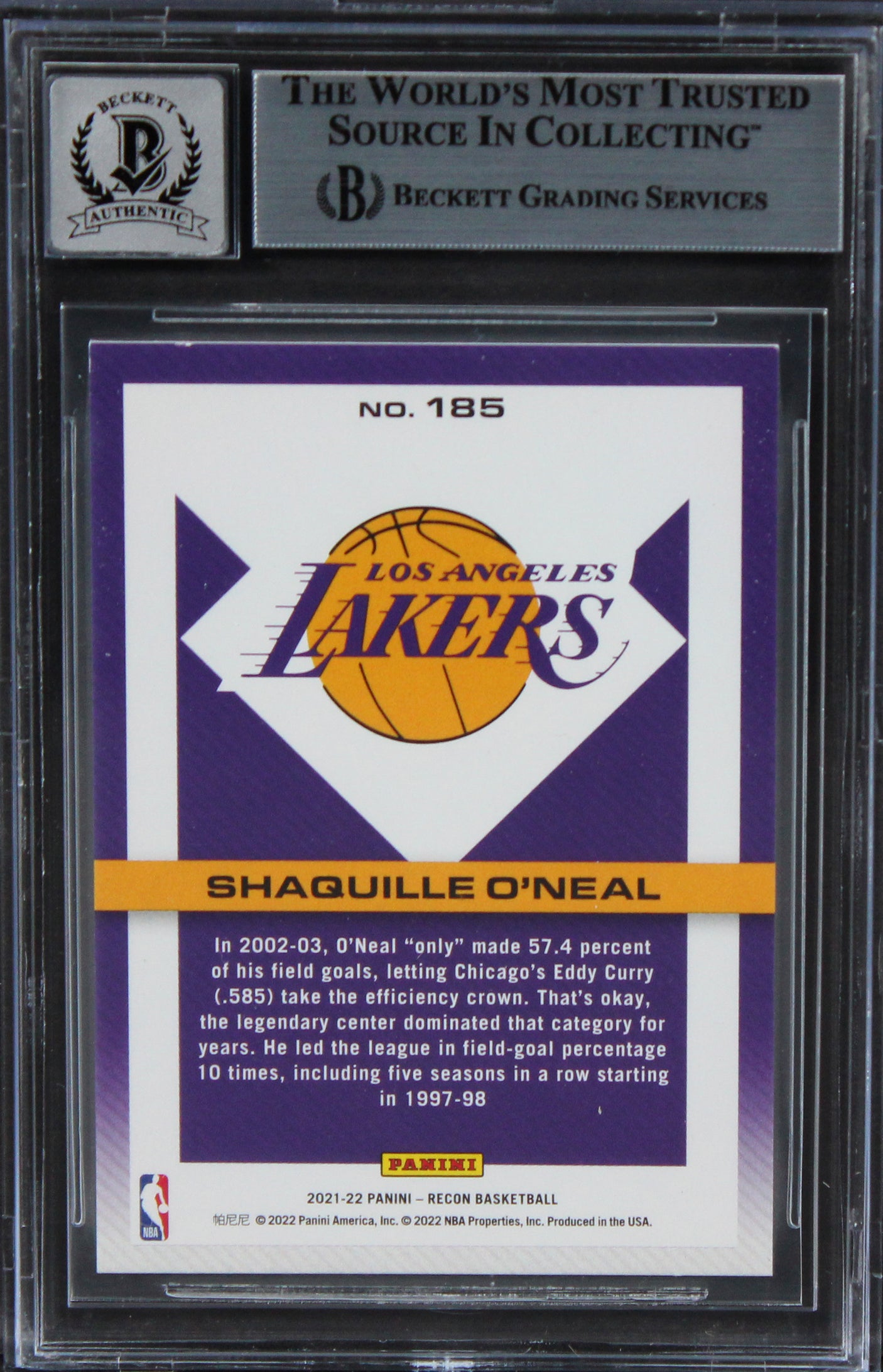 Lakers Shaquille O'Neal Signed 2021 Panini Recon #185 Card Auto 10! BAS Slabbed