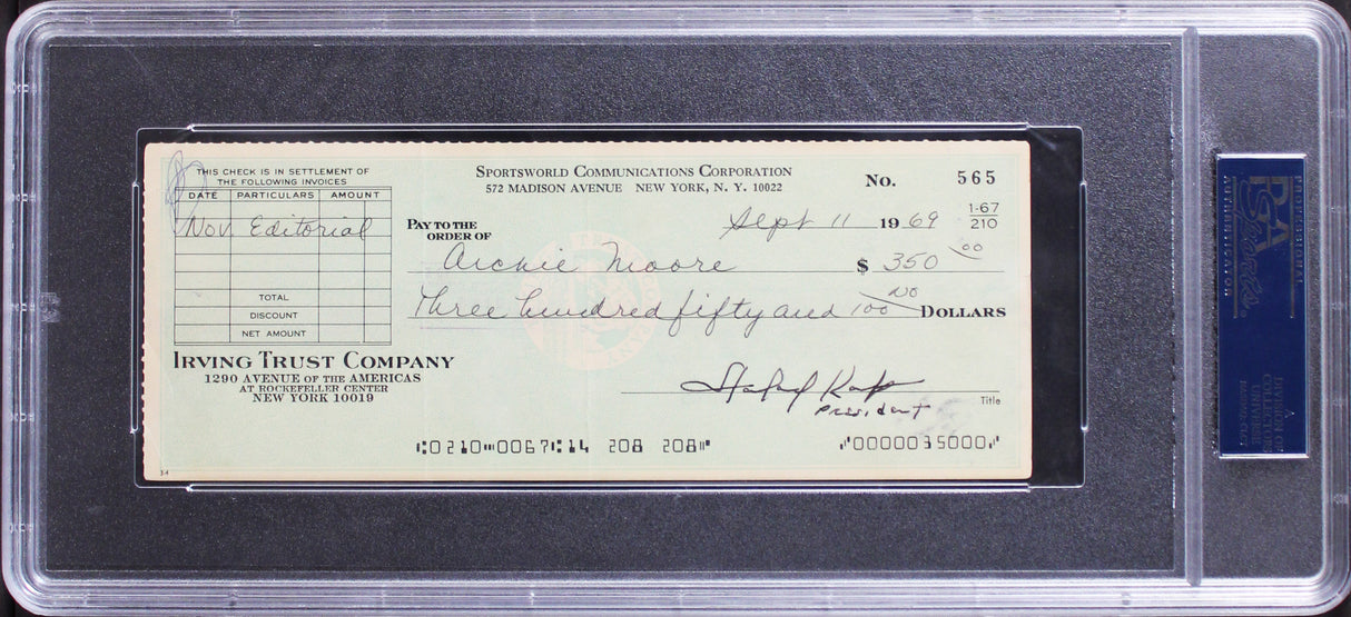 Archie Moore Authentic Signed 3x8.25 Check Dated 9/11/1969 PSA/DNA Slabbed