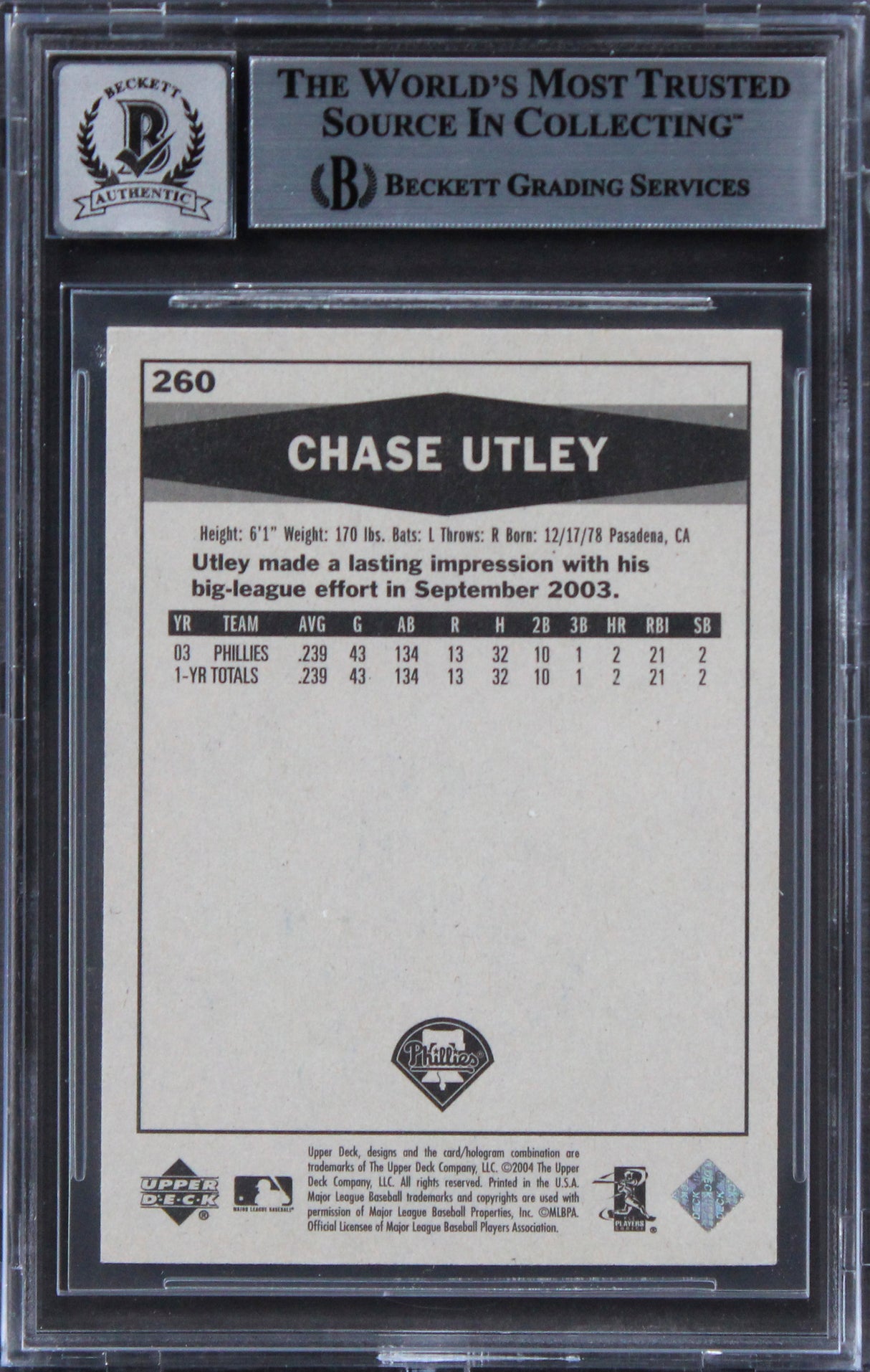 Phillies Chase Utley Signed 2004 Upper Deck Vintage #260 Card Auto 10! BAS Slab