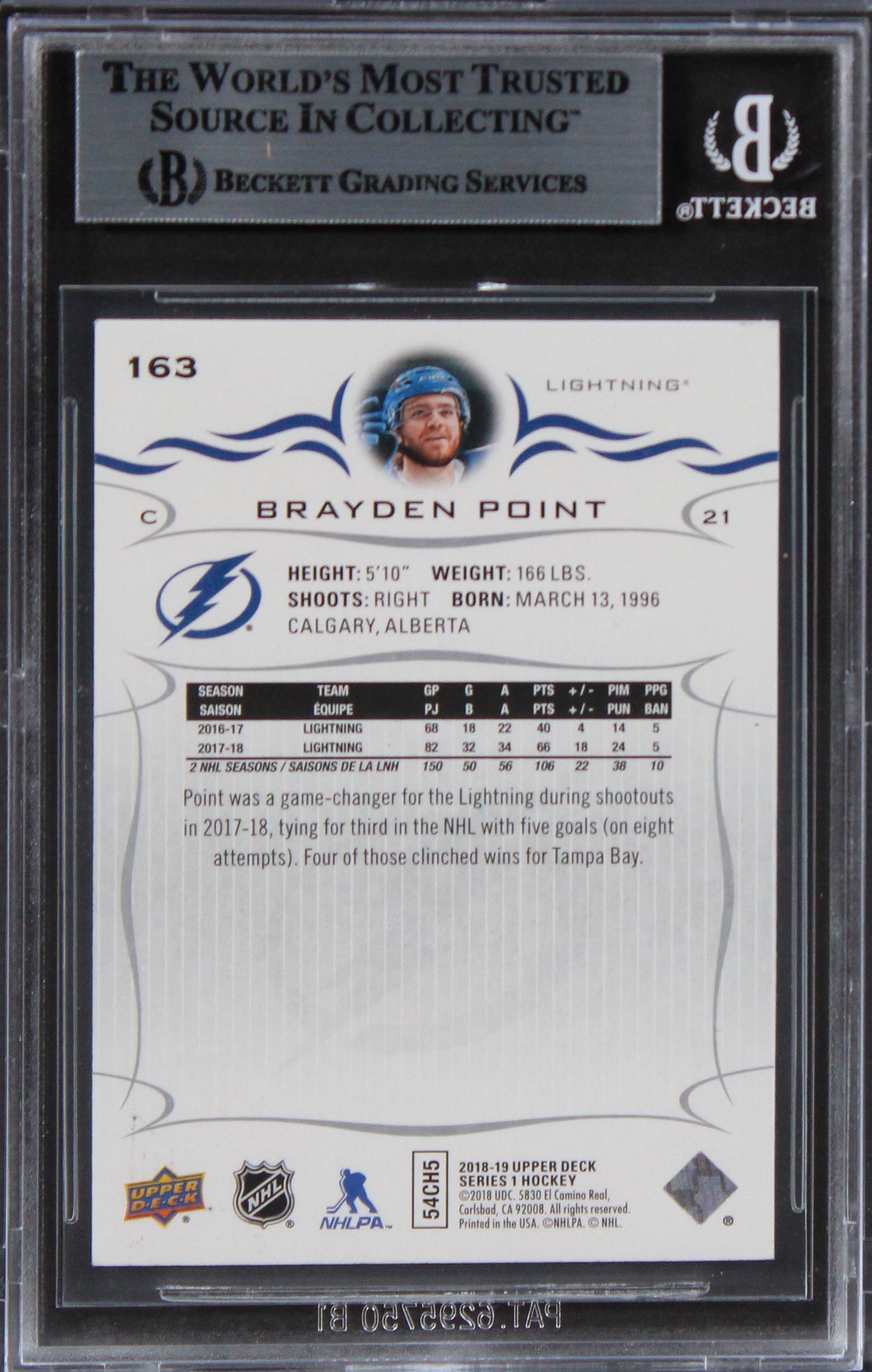 Lightning Brayden Point Authentic Signed 2018 Upper Deck #163 Card BAS Slabbed