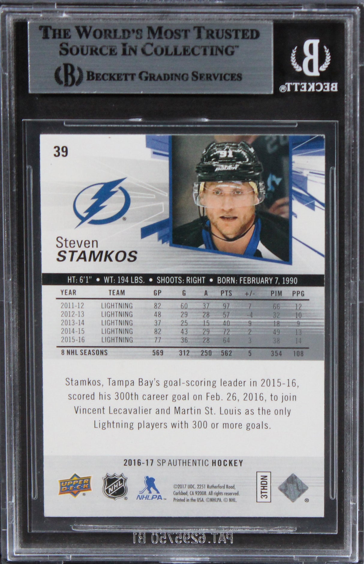 Lightning Steven Stamkos Authentic Signed 2016 SP Authentic #39 Card BAS Slabbed