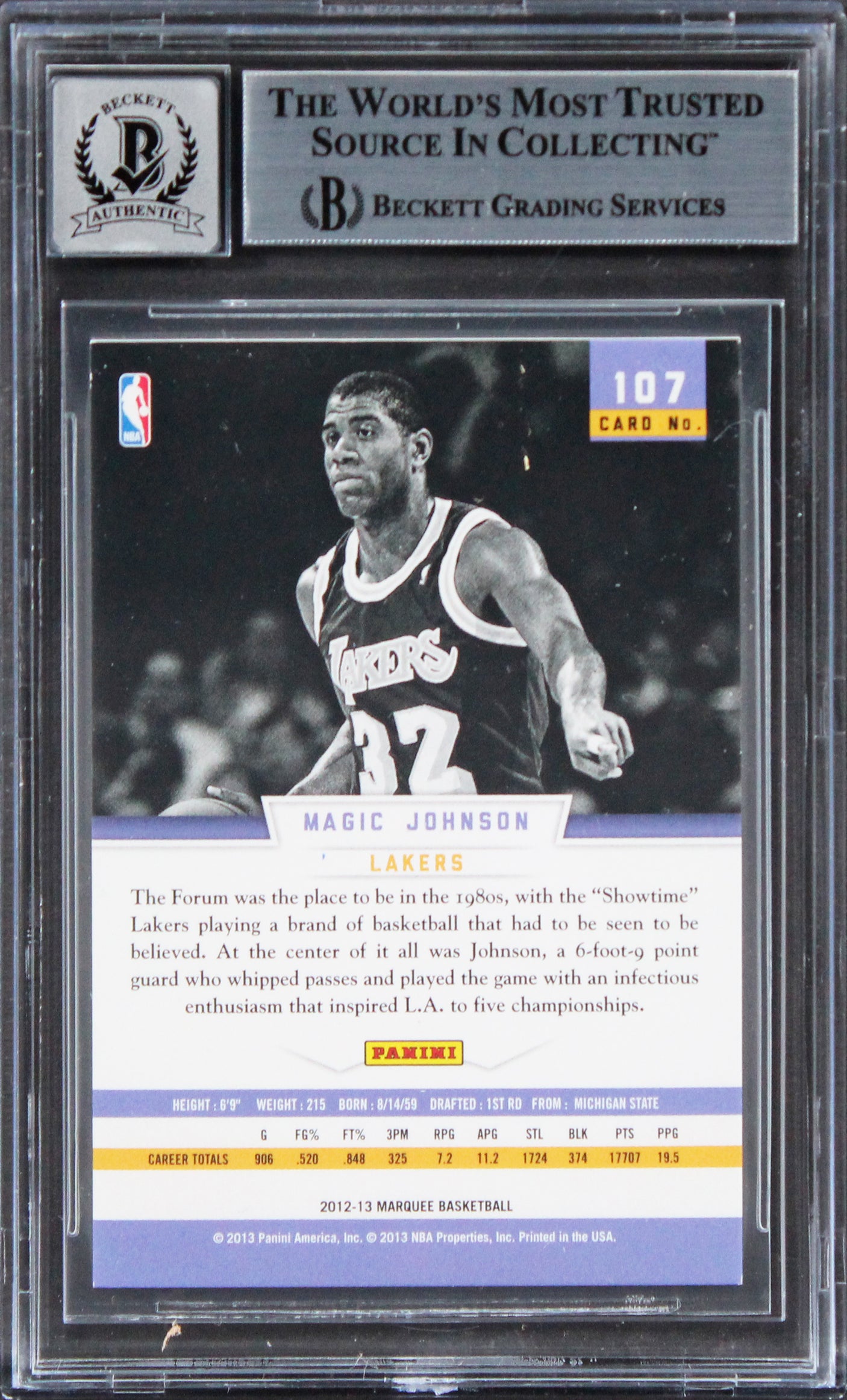 Lakers Magic Johnson Signed 2012 Panini Marquee #107 Card Auto 10! BAS Slabbed