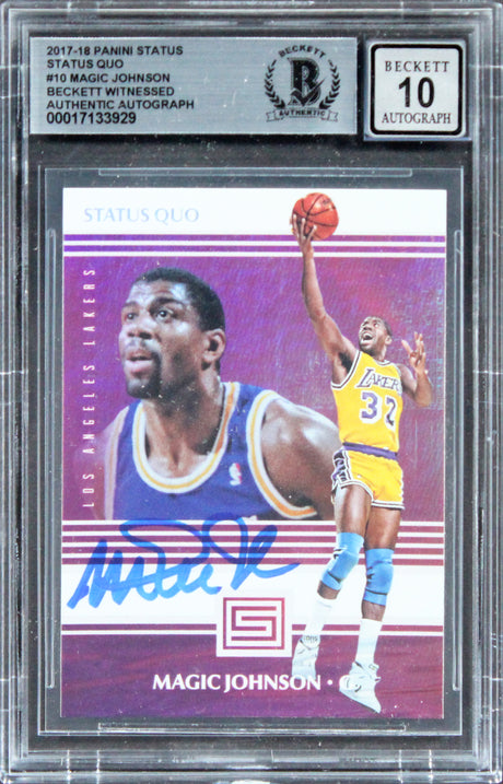 Lakers Magic Johnson Signed 2017 Panini Status Quo #10 Card Auto 10! BAS Slabbed