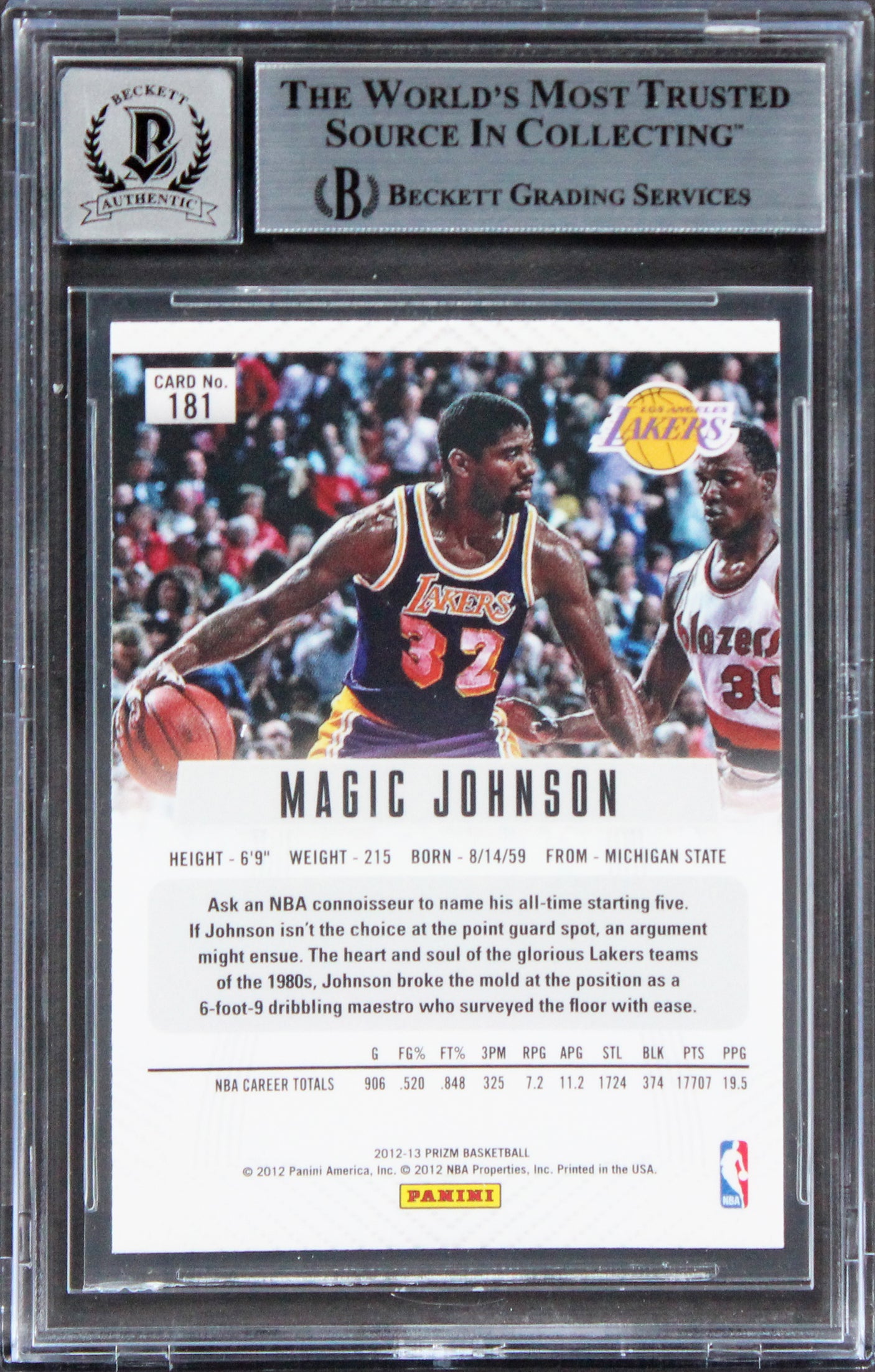 Lakers Magic Johnson Signed 2012 Panini Prizm #181 Card Auto 10! BAS Slabbed