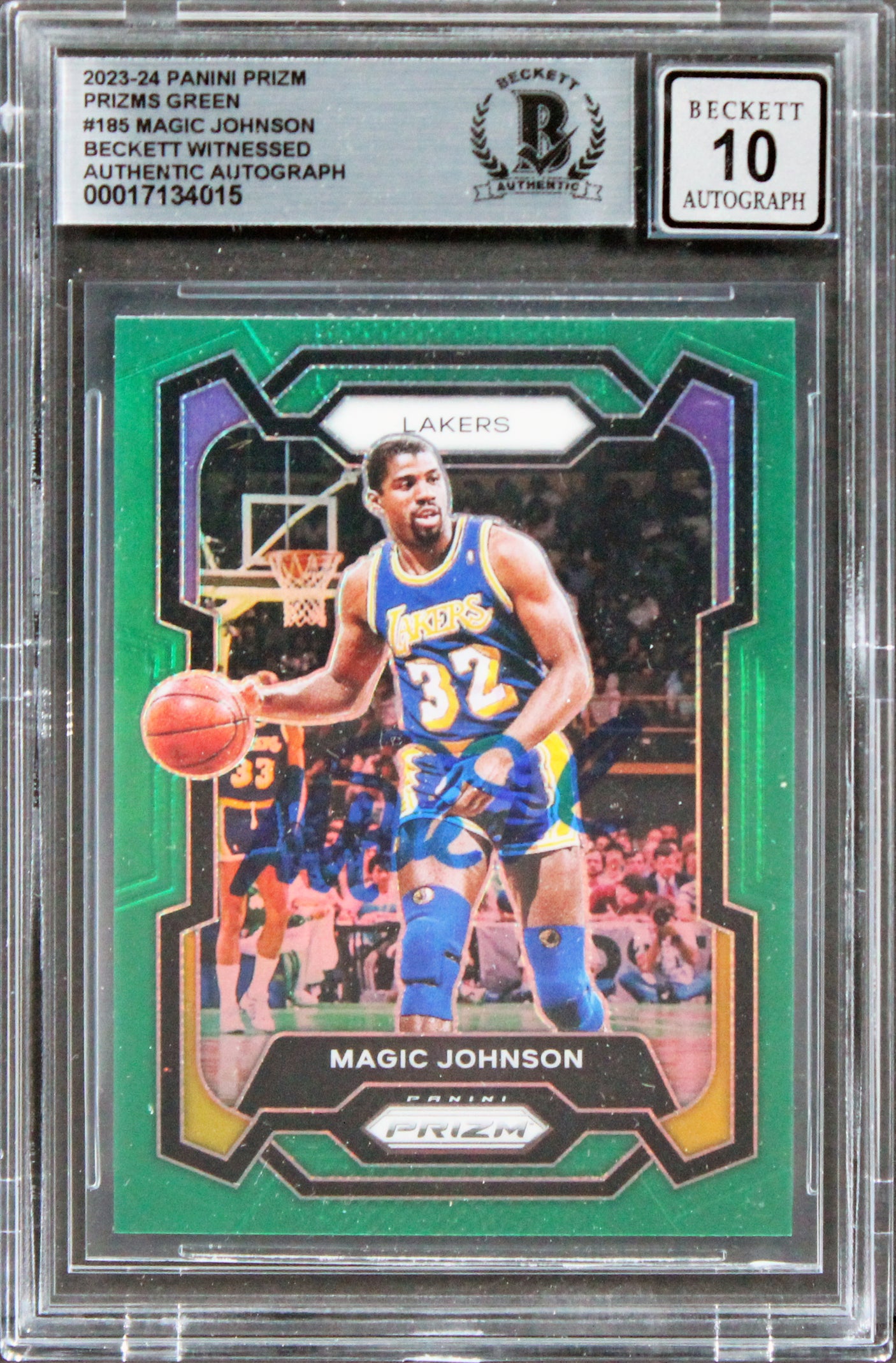 Lakers Magic Johnson Signed 2023 Panini Prizm Green #185 Card Auto 10! BAS Slab