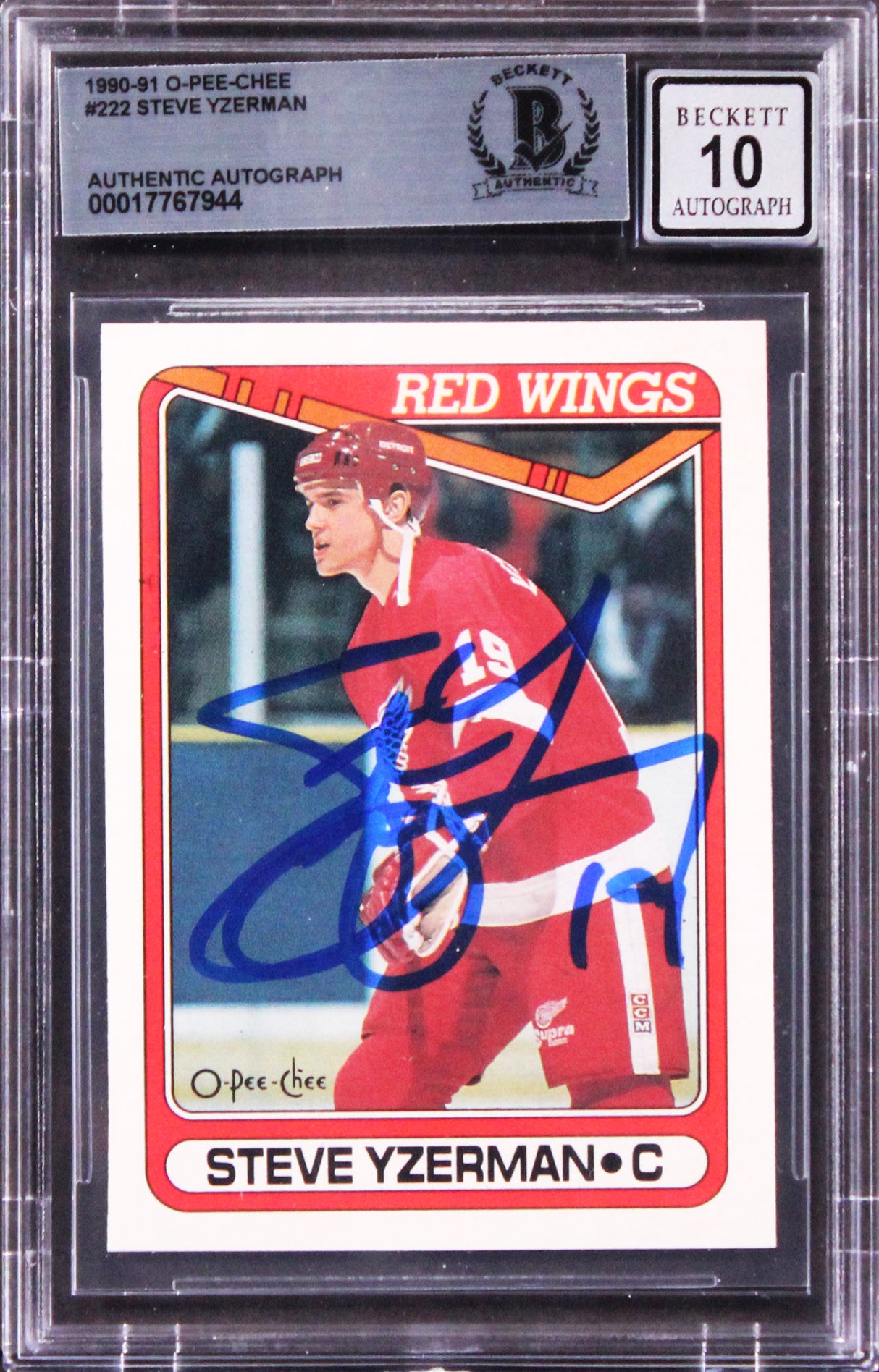 Red Wings Steve Yzerman Signed 1990 O-Pee-Chee #222 Card Auto Mint 10! BAS Slab