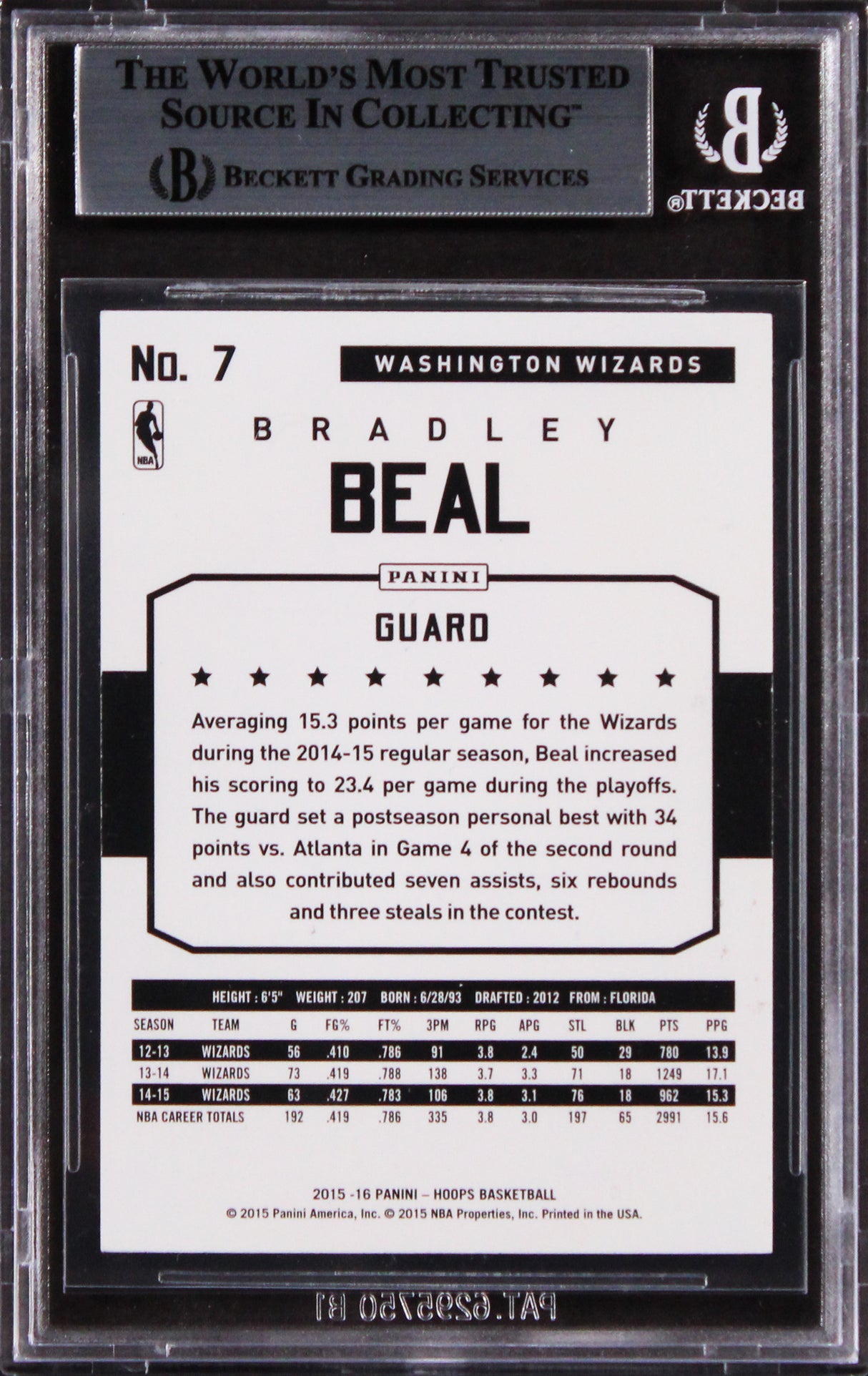 Wizards Bradley Beal Authentic Signed 2015 Hoops #7 Card Autographed BAS Slabbed