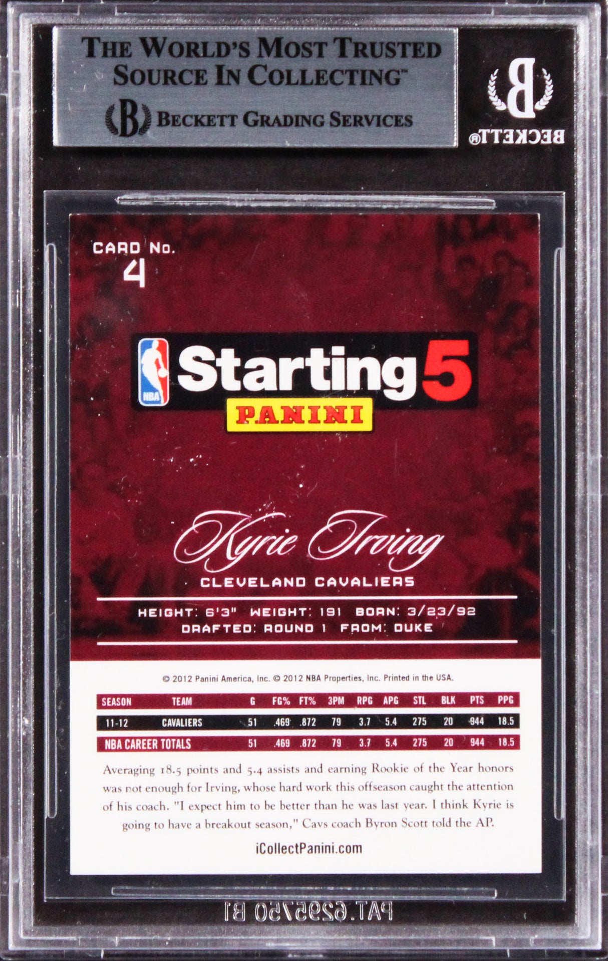 Cavaliers Kyrie Irving Signed 2012 NBA Starting Five #4 Rookie Card BAS Slabbed