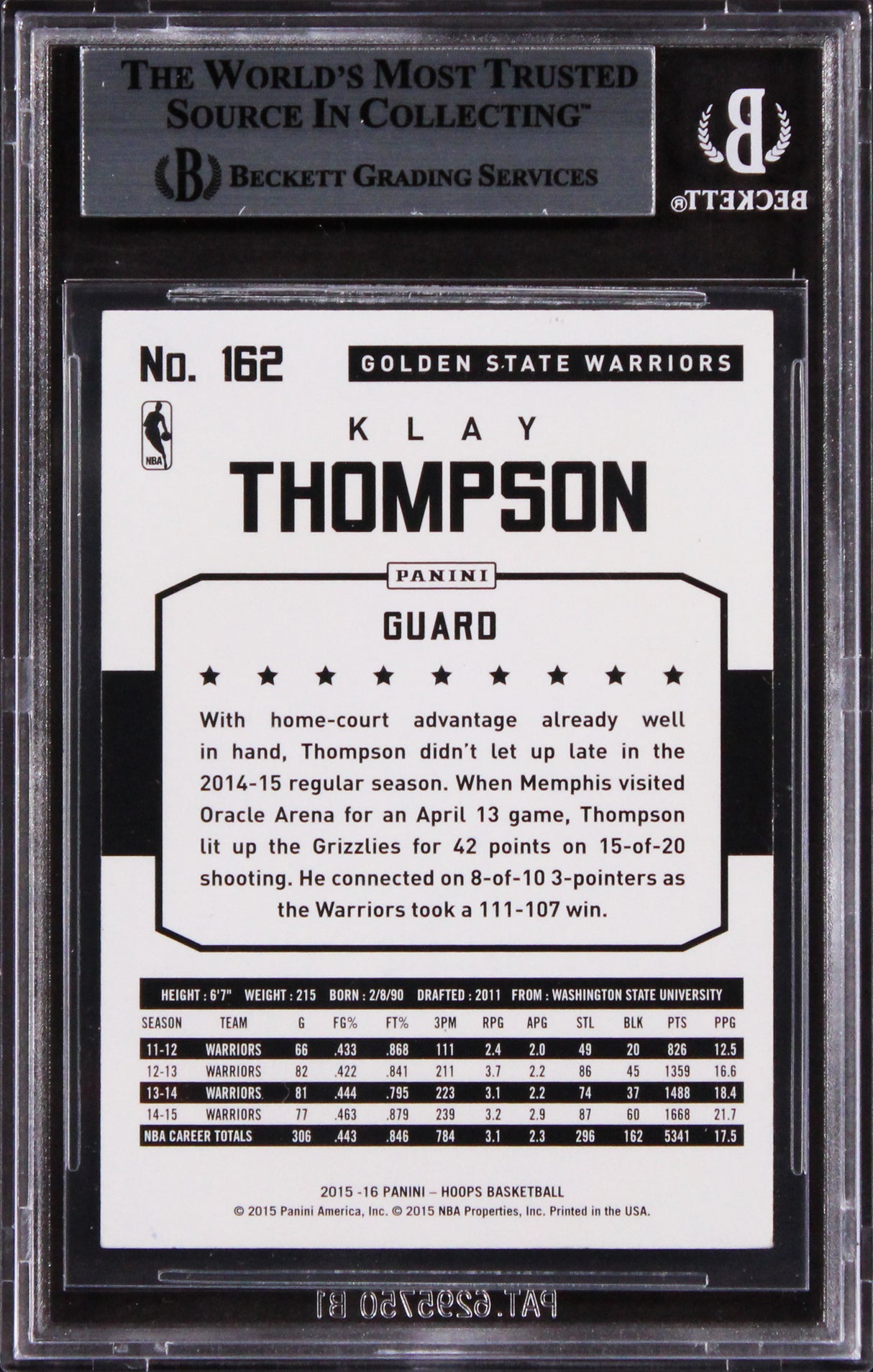 Warriors Klay Thompson Authentic Signed 2015 Hoops #162 Card BAS Slabbed