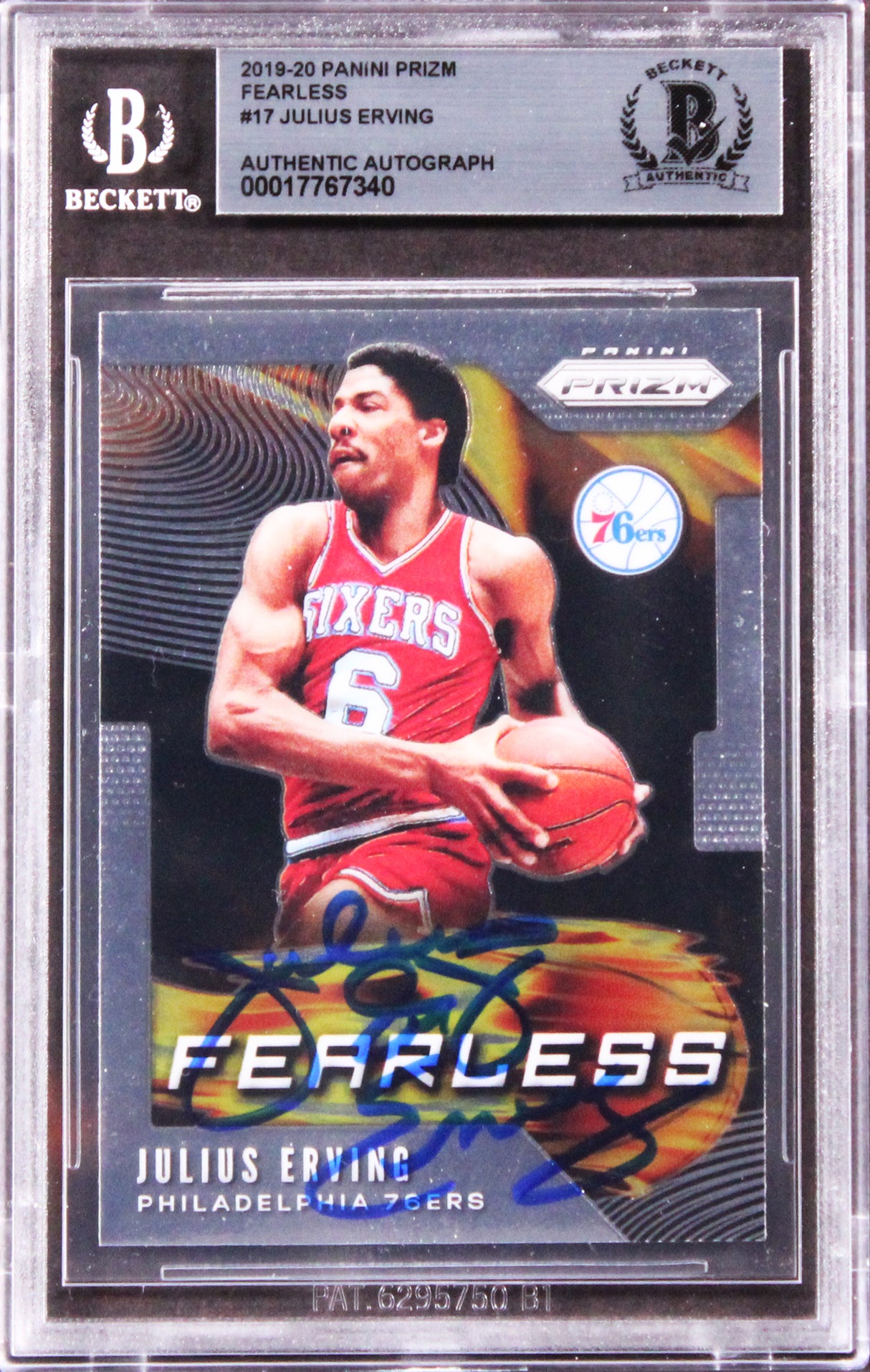 76ers Julius Erving Signed 2019 Panini Prizm Fearless #17 Card BAS Slabbed