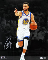 Warriors Stephen Curry Signed 16x20 Vertical Dribbling Spotlight Photo JSA 2