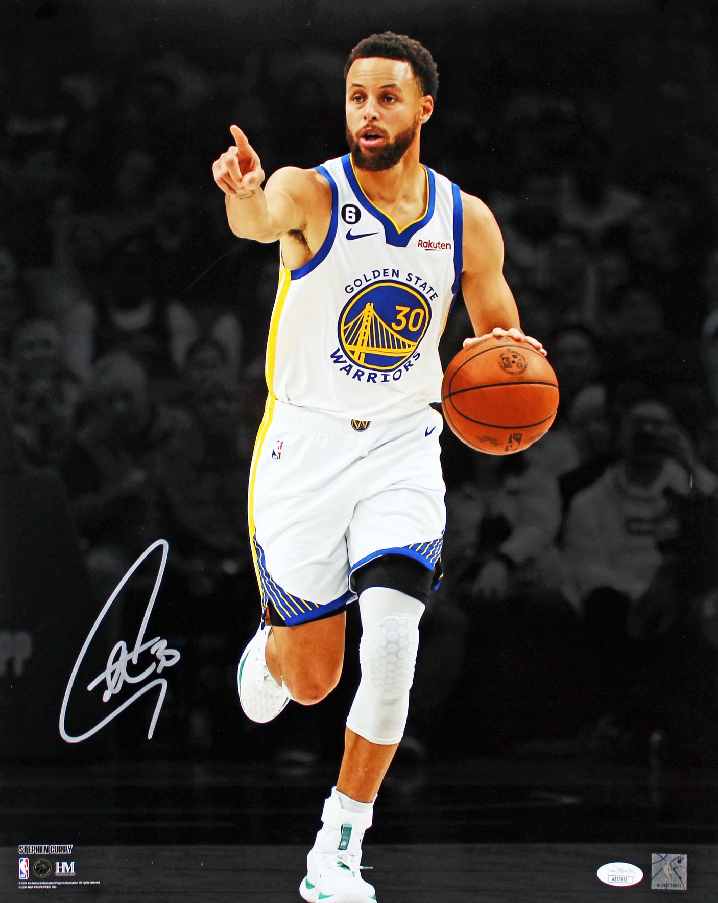 Warriors Stephen Curry Signed 16x20 Vertical Dribbling Spotlight Photo JSA 2