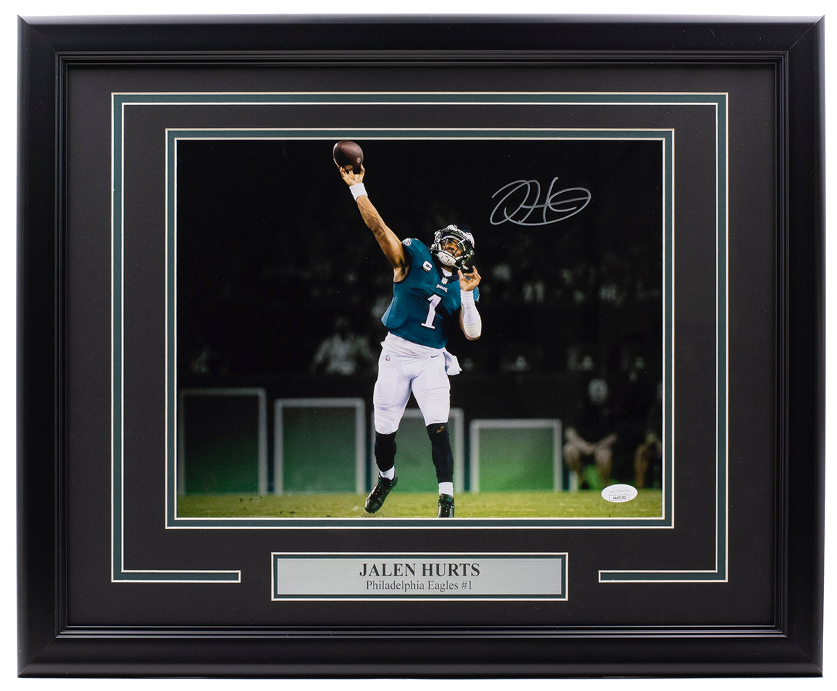 Jalen Hurts Signed Framed Philadelphia Eagles 11x14 Football Passing Photo JSA