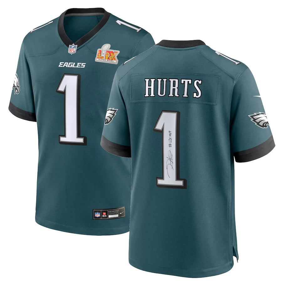 Pre-Order Jalen Hurts Signed Eagles Nike Super Bowl LIX Green Game Jersey SB LIX MVP Inscribed