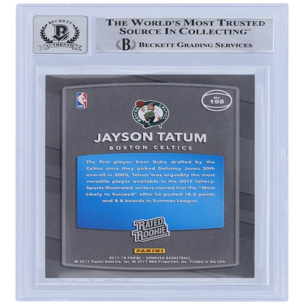 Jayson Tatum Signed 2017 - 18 Panini Donruss Celtics Rookie Card #198 BAS Auto 10 - Sports Integrity