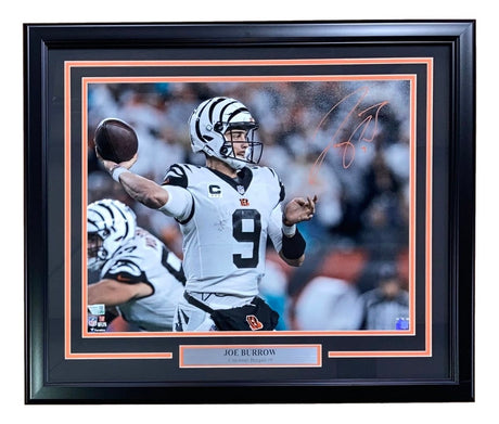 Joe Burrow Signed Framed 16x20 Cincinnati Bengals White Jersey Photo Fanatics - Sports Integrity