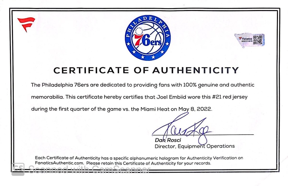 Joel Embiid Philadelphia 76ers Game Used Jersey May 8 2022 Vs Heat Fanatics+LOA - Sports Integrity