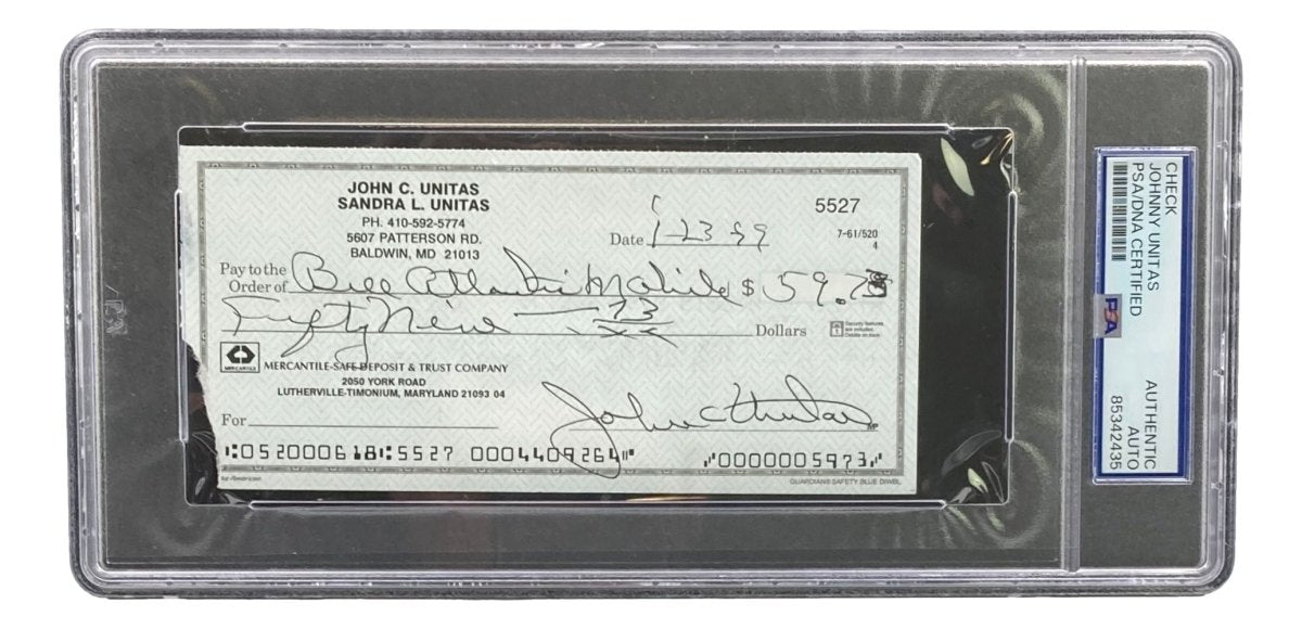 Johnny Unitas Baltimore Colts Signed Bank Check #5527 PSA - Sports Integrity