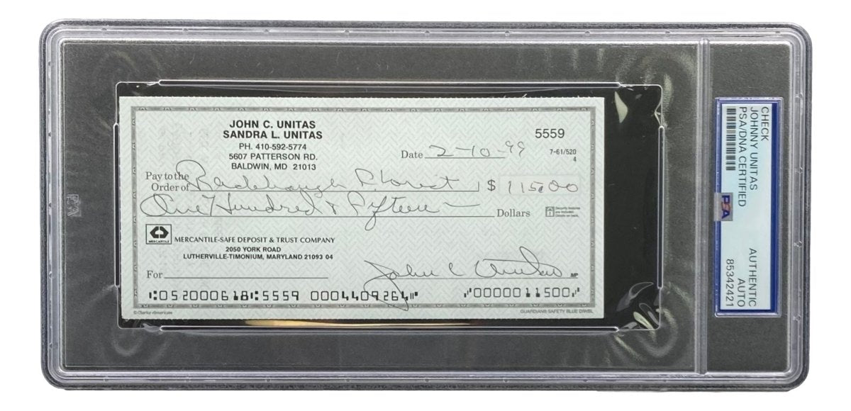 Johnny Unitas Baltimore Colts Signed Bank Check #5559 PSA - Sports Integrity