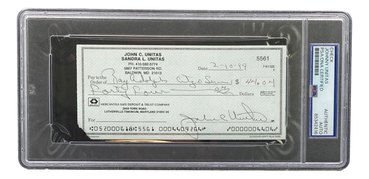 Johnny Unitas Baltimore Colts Signed Bank Check #5561 PSA - Sports Integrity