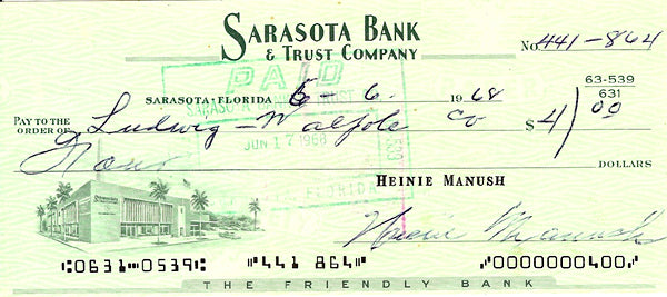 Heinie Manush Autographed Check Washington Senators SKU #100280