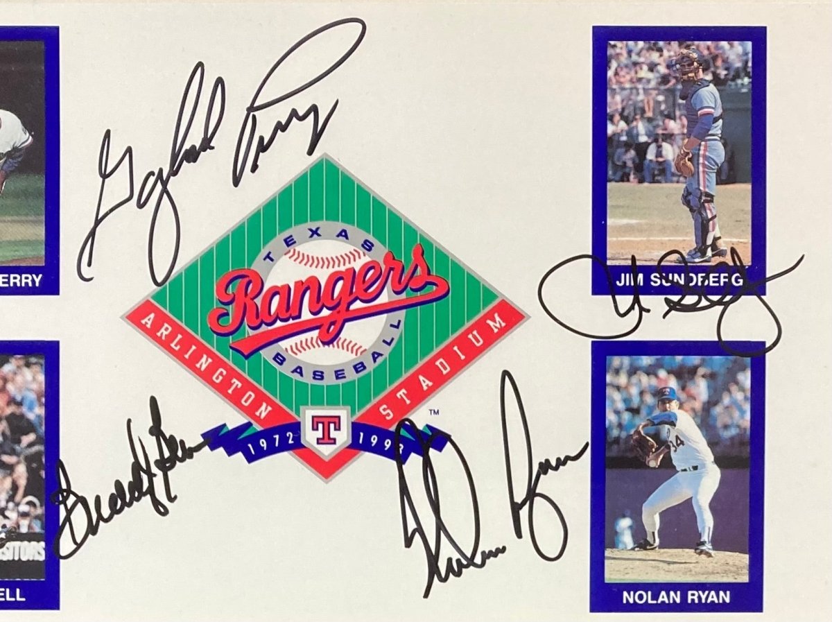 Nolan Ryan Sundberg Perry Bell Signed Framed 6x12 Rangers Photo BAS AC40955 - Sports Integrity