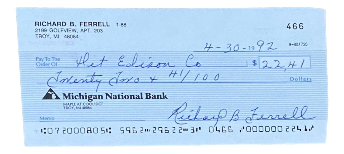 Rick Ferrell Boston Red Sox Signed Bank Check #466 BAS - Sports Integrity